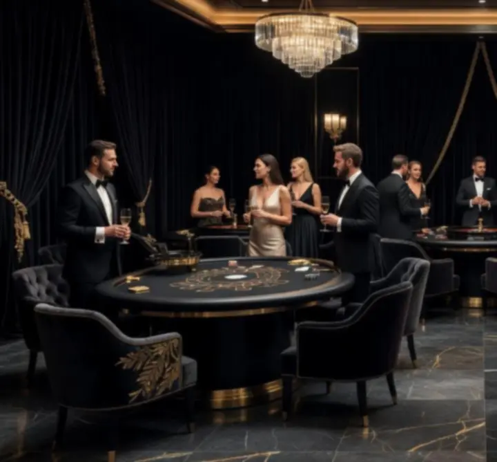 Elegáns kaszinó lounge hangulat, fekete-arany kártyaasztalokkal
