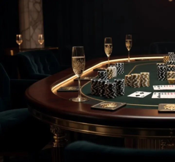 Exkluzív, megvilágított pókerasztal elegáns kaszinó-lounge környezetben
